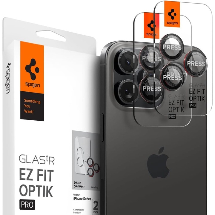 Протектор за камера, Spigen Glas.tR Ez Fit Optik Pro 2-Pack, за iPhone 16 Pro Max / 16 Pro / 15 Pro Max / 15 Pro / 14 Pro Max / 14 Pro, черен/червен, (L-Series)