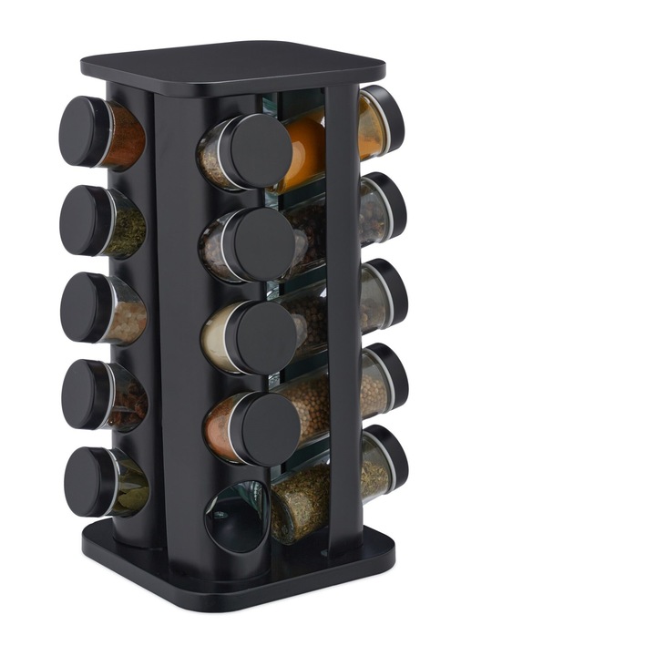 Set 20 recipiente condimente cu suport rotativ, inox, negru, Kraftpunkt®