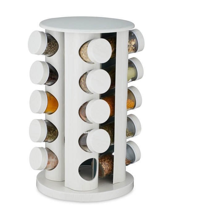 Set 20 recipiente pentru condimente cu suport rotativ, otel inoxidabil, alb, Kraftpunkt®