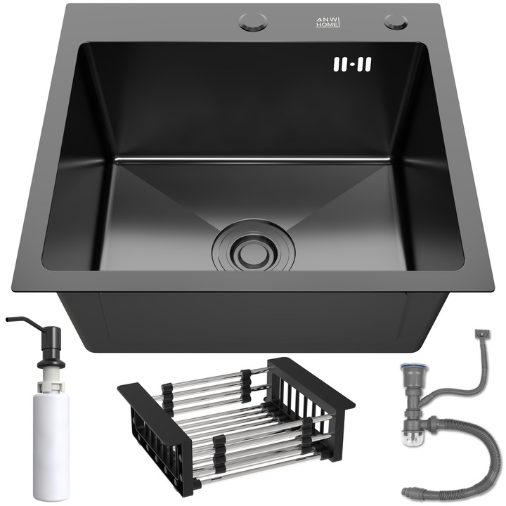 Chiuveta de bucatarie cu un singur vas Grafit 46x45 + dozator, cos, sifon