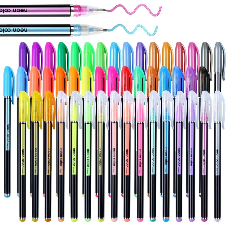 60 db-os színes zselés toll készlet, 15 db metál, 15 db csillámos, 15 db neon, 1 mm, többszínű