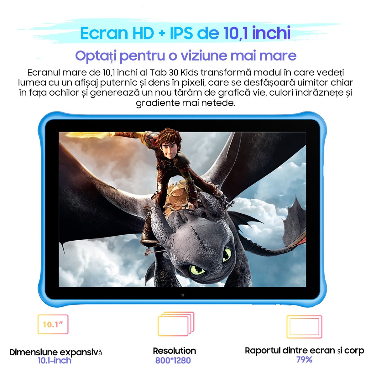Tableta pentru copii Blackview Tab 30 Kids, Android 13Go, 10.1", 60Hz, 6GB Ram(2GB + 4GB extensibili), 64GB Rom, 800x1280, 5100mAh, 4 nuclee, WIFI6 (2.4G+5G), Card TF unic, 10W, Tableta educationala, Albastru