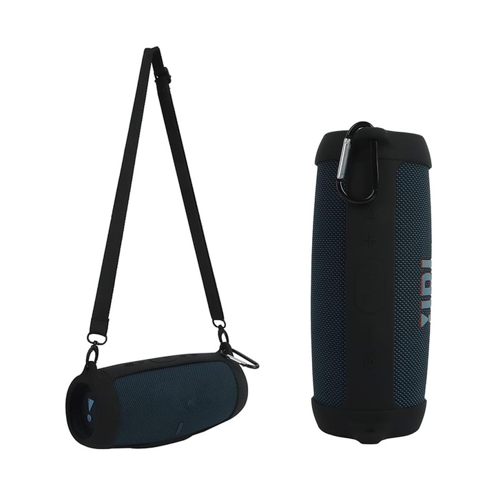 Hordozható hangszóró tok, SINBINTA, kompatibilis a JBL Charge 5-tel, szilikon, puha, könnyen felszerelhető, vízálló, karabinerrel, állítható vállpántok, tartós, könnyű, 23x9x10,5 cm, fekete