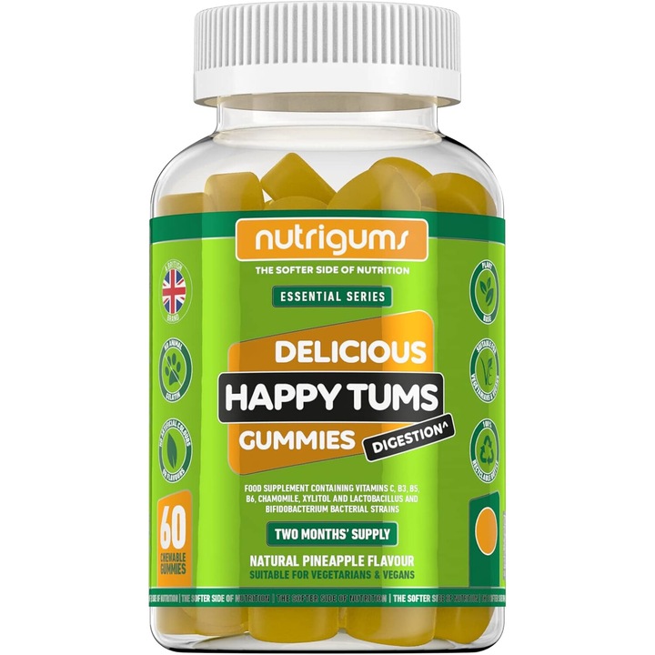 Supliment alimentar Happy Tums Digestion Gummies, Nutrigums, Vitamine C, B3, B5, B6 si musetel 1000 mg, pentru sanatatea digestiva, vegan, aroma de ananas, 60 de jeleuri