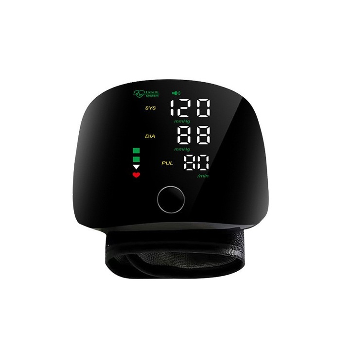 Monitor electronic de tensiune la incheietura mainii, afisaj color LED, 0-280 mmHG, latime incheietura mainii 13, 5-19, 5 cm, detectare rapida, transmisie vocala, inregistrare stiintifica, memorie de grup 2x99, control tactil, USB, negru
