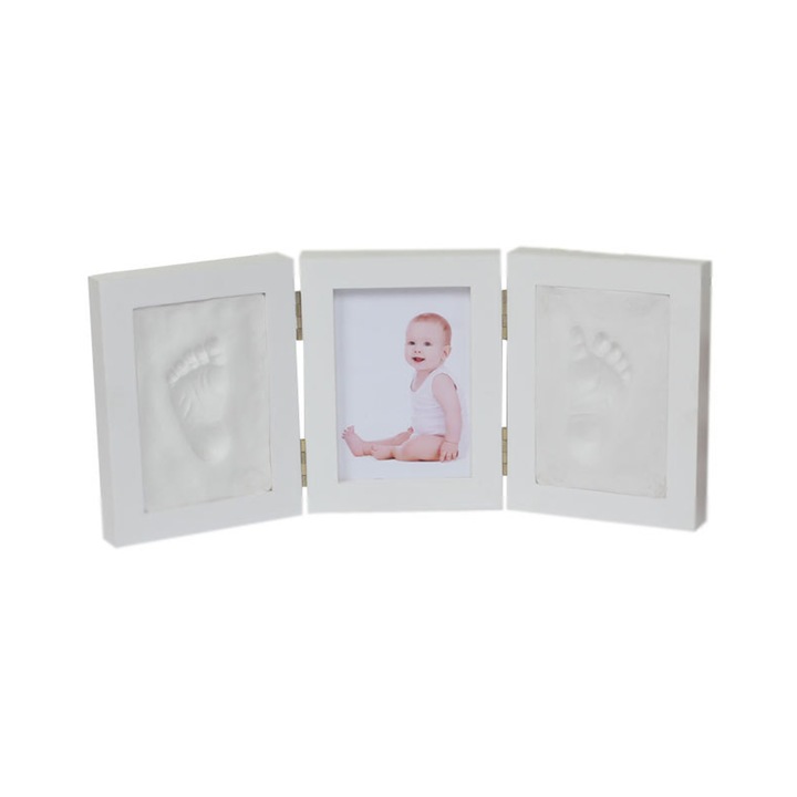 Set rama foto cu loc pentru amprenta din lut pentru bebelusi, rama din lemn, alb, 16x35 cm