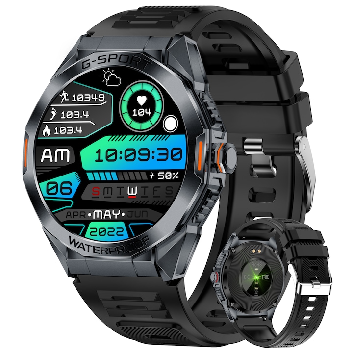 Смарт часовник Astarth, 1,46 инча, Bluetooth 5.3, кислород в кръвта/кръвно налягане/време, обаждания, съобщения, черен