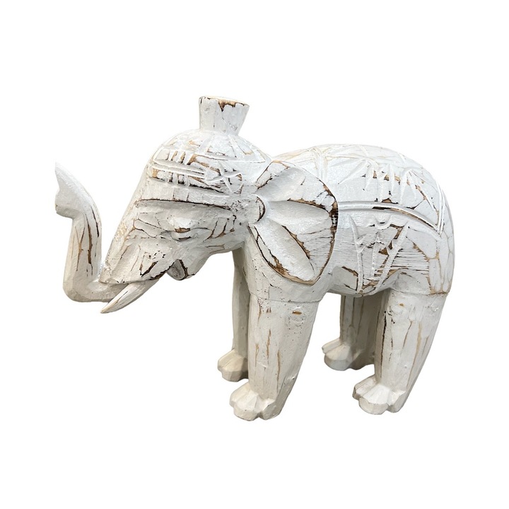 Elefant lemn, decor Feng Shui, sculptat si pictat manual 17 cm x 16 cm