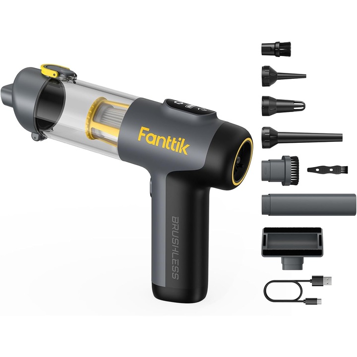 Прахосмукачка за кола Fanttik Slim V9 Mix, преносима прахосмукачка 4 в 1, висока мощност 12000 PA с интелигентен LCD дисплей, мини клавиатура за интериора на автомобила, дома