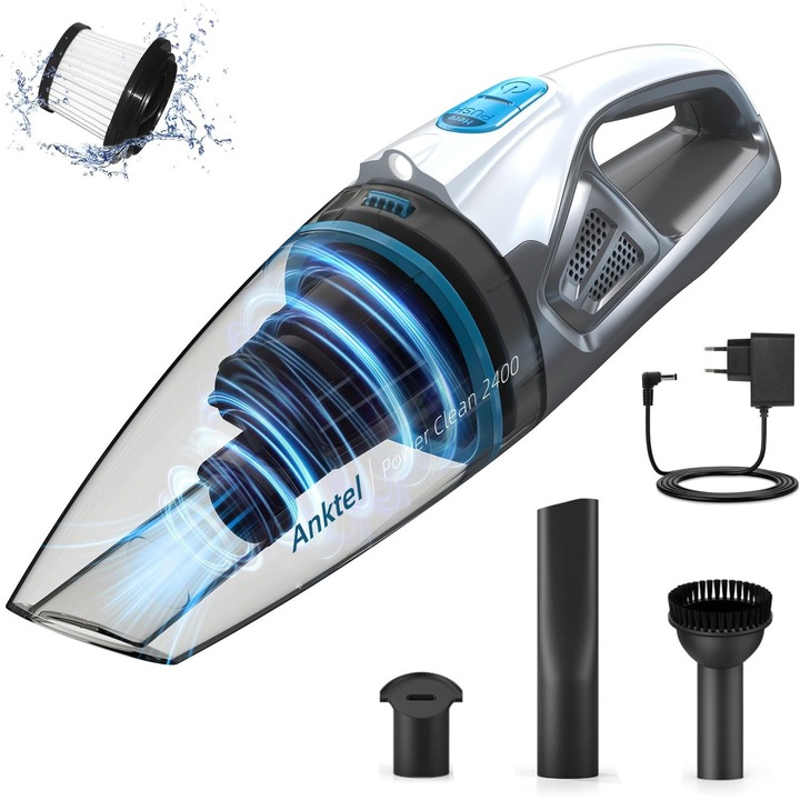Aspirator portabil Anktel PowerClean 2400, 9000 Pa cu iluminare LED, umed si uscat fara fir cu filtru HEPA lavabil fara sac, pentru masina, acasa