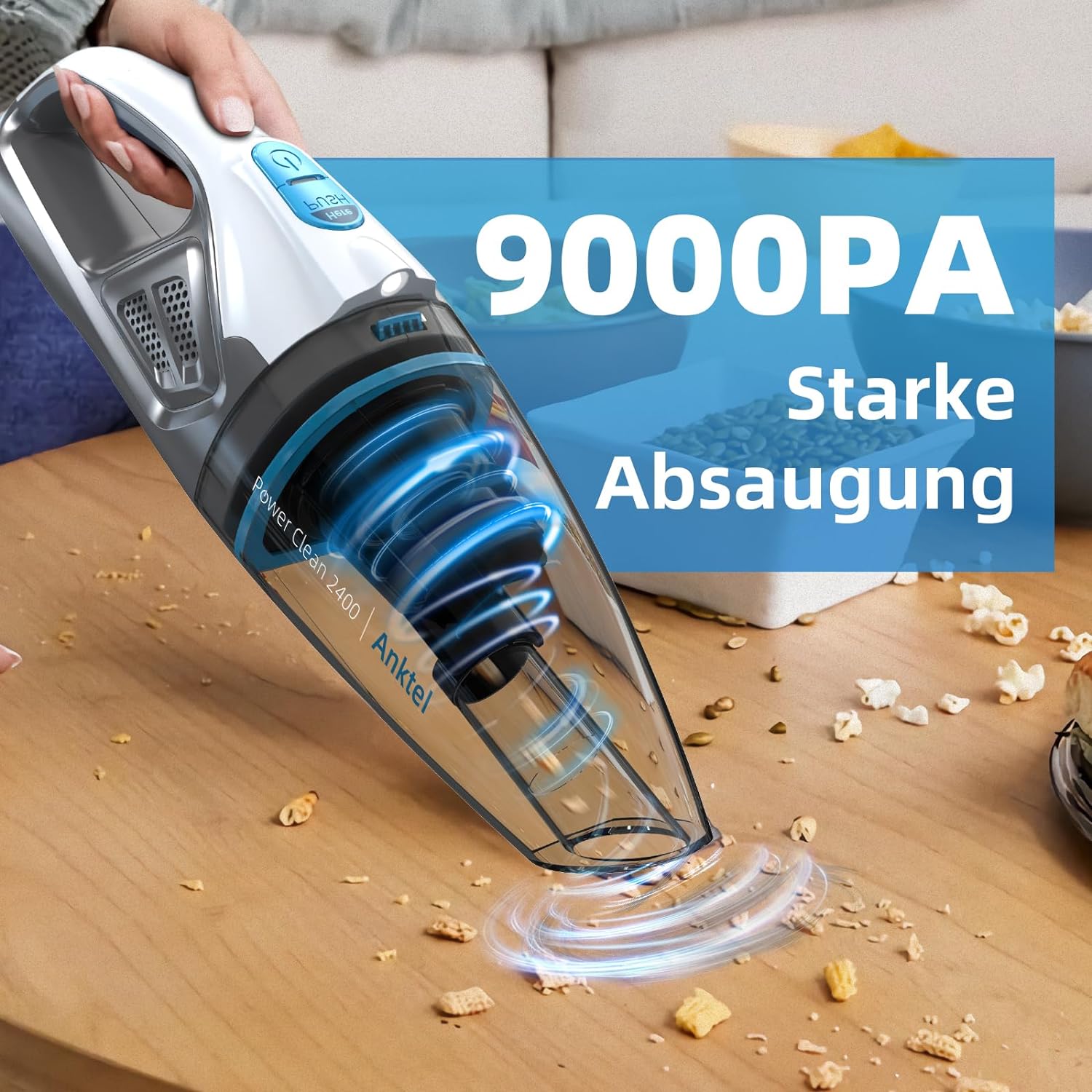 Aspirator portabil Anktel PowerClean 2400, 9000 Pa cu iluminare LED, umed si uscat fara fir cu filtru HEPA lavabil fara sac, pentru masina, acasa