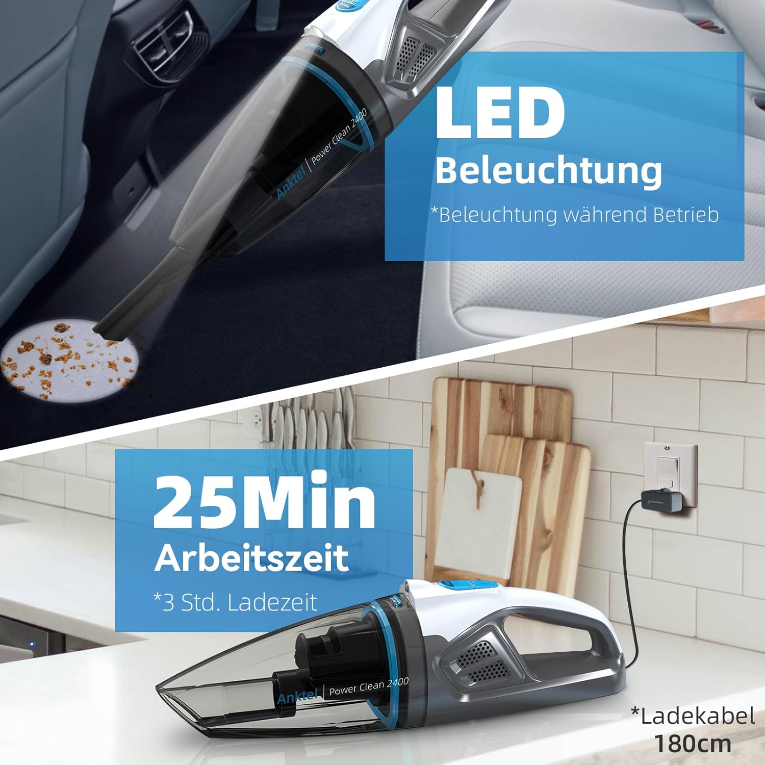 Aspirator portabil Anktel PowerClean 2400, 9000 Pa cu iluminare LED, umed si uscat fara fir cu filtru HEPA lavabil fara sac, pentru masina, acasa