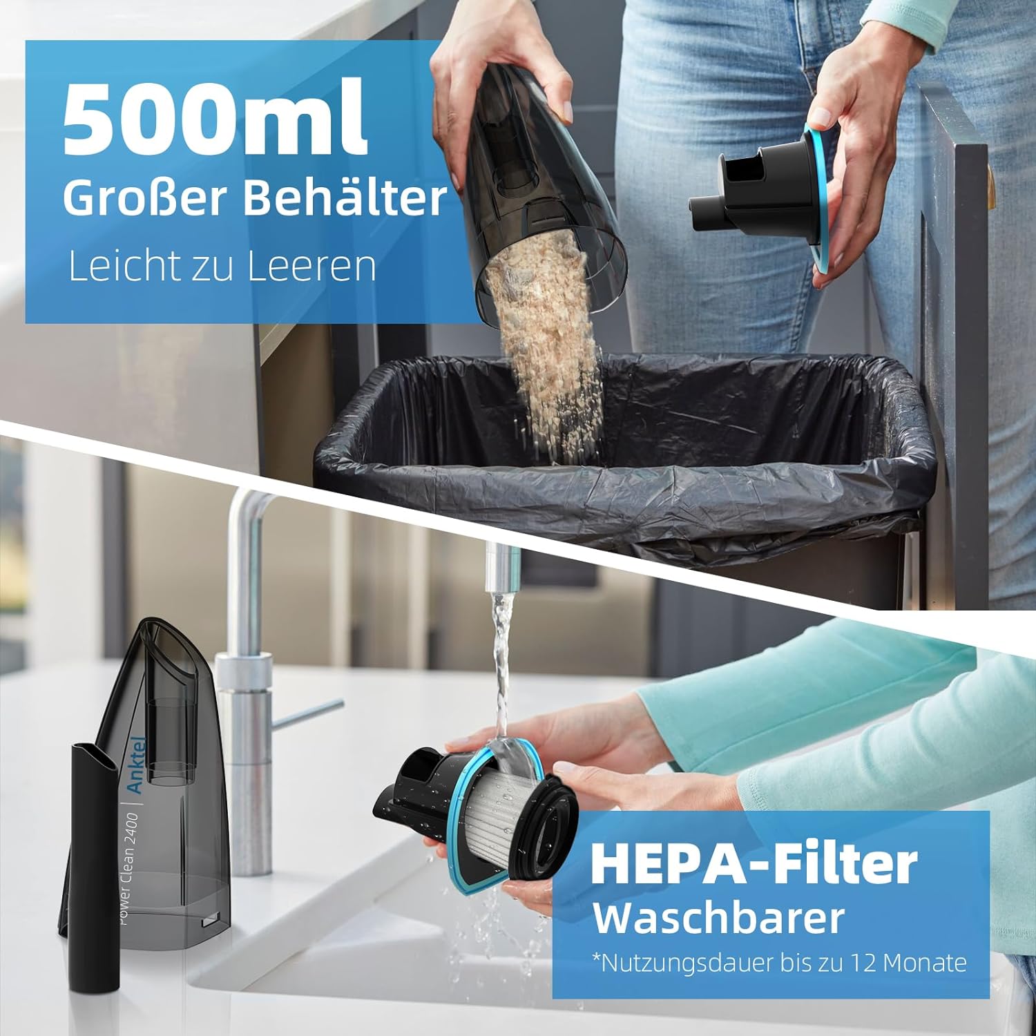 Aspirator portabil Anktel PowerClean 2400, 9000 Pa cu iluminare LED, umed si uscat fara fir cu filtru HEPA lavabil fara sac, pentru masina, acasa