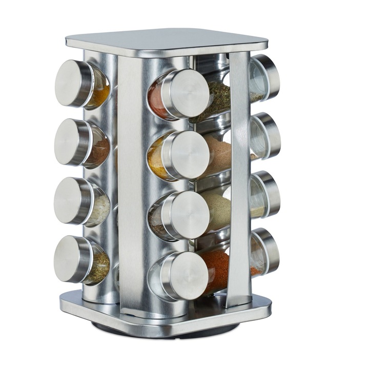 Set 16 recipiente condimente cu suport rotativ, inox, argintiu, Kraftpunkt®