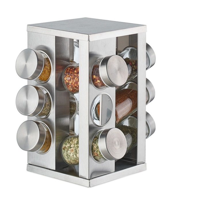 Set 12 recipiente condimente cu suport rotativ, inox/sticla, Kraftpunkt®