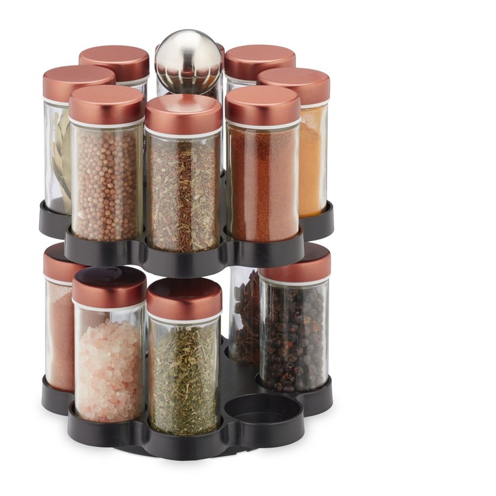 Set 16 recipiente condimente cu suport rotativ, inox/sticla, Kraftpunkt®, 26 x 17 cm