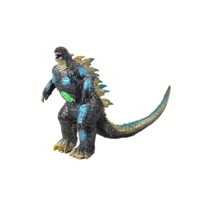 Figurina Godzilla, realist, sunete specifice de dinozaur, cu baterii din cauciuc moale, albastru/auriu, 56 cm