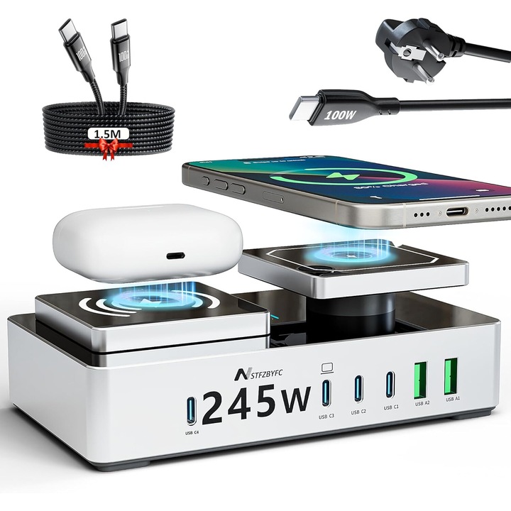 Statie de incarcare 245W GaN cu 2 zone incarcare wireless, port USB-C 100W, PD, 2 USB-A si 4 USB-C, pentru MacBook/Air iPad/iPhone 15/14/Android/Airpods/Watch, cu cablu 100W inclus