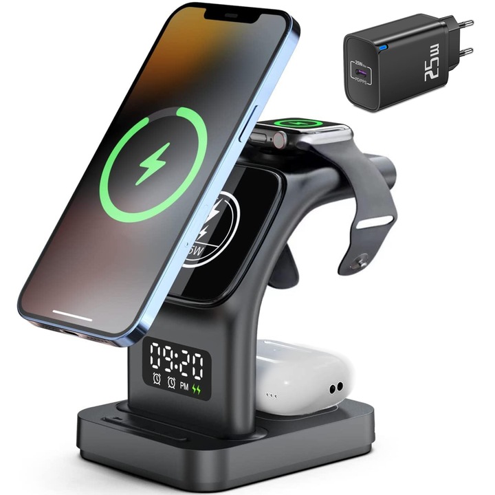 Incarcator Wireless 5 in 1 RUNEX®, Statie de Incarcare Rapida, Ceas Digital, Lumina de Veghe, Alarma, Fast Charging Compatibil Husa MagSafe, Type-C, 15W, Incarcare Fara Fir pentru AirPods Galaxy Buds si Casti Beats, iPhone 16/ 15/ 14/ 13/ 12, Pro Max/ Pro