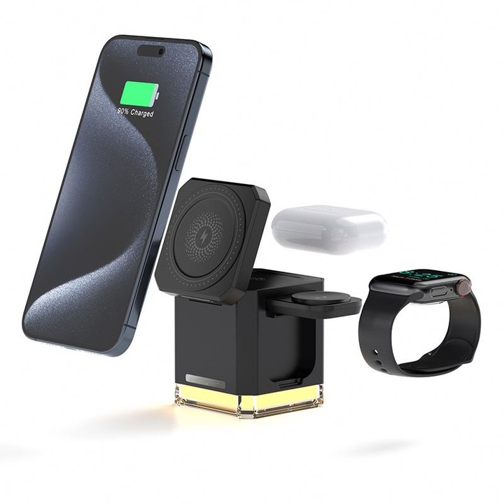 Incarcator wireless fast charger AdyMel®, 4 in 1 cu lampa de veghe, Incarcare rapida 15W telefon, casti, smart watch, compatibil cu Airpods, Apple watch si Iphone Android Samsung Huawei Xiaomi, Negru