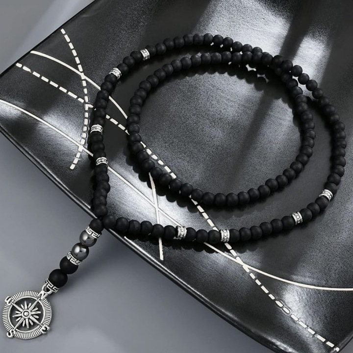 Set Colier Rozariu din pietre semipretioase cu pandantiv, negru mat, bratara protectie neagra si saculet catifea gri