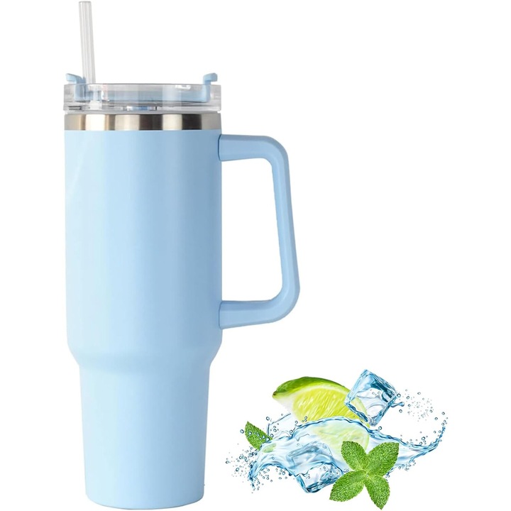 Термос, Bztzhm, неръждаема стомана, двойна изолация, със сламен капак, син, 1200 мл