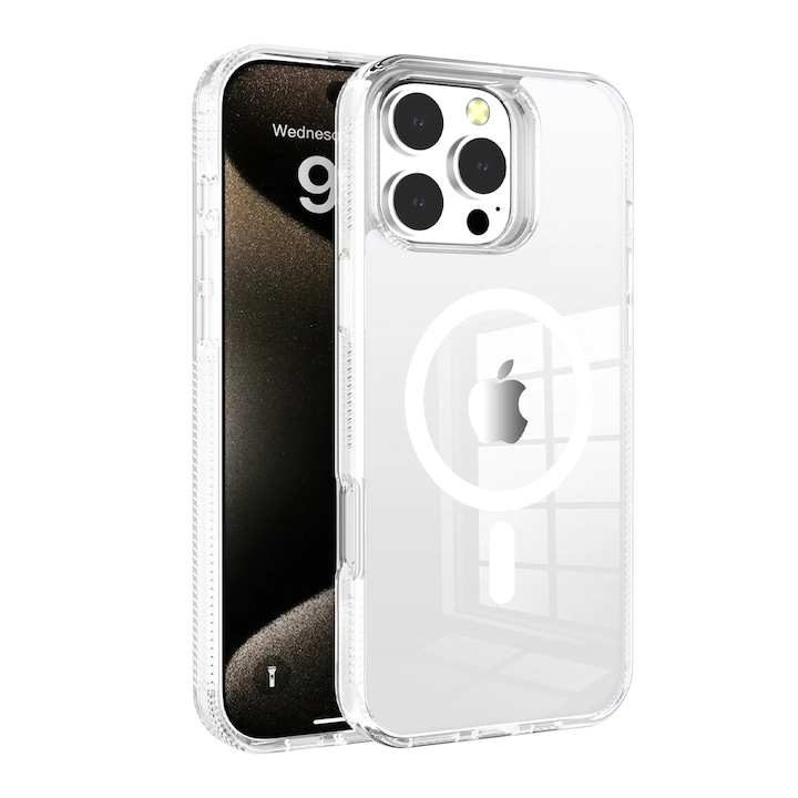 MagSafe védőtok Apple iPhone 16 Pro Max készülékhez, OPTIM SOLUTION, Erős mágnes, Prémium polikarbonát + Rugalmas TPU, Gyors töltés, AntiShock, ProCore Tech, Ultra Safe Camera, 2 extra védőfólia, fehér/átlátszó
