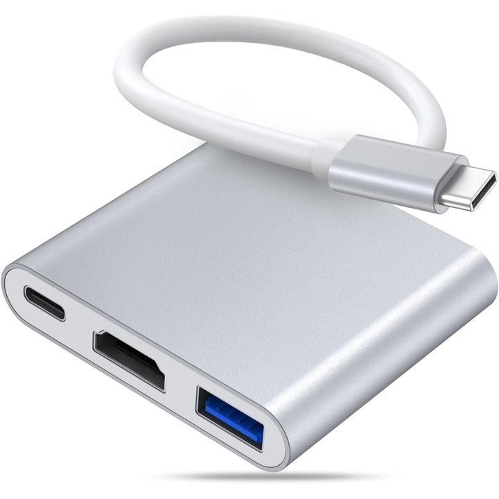 Адаптер USB-C към HDMI, ABDO, 4K, 3-в-1, PD 100W, USB 3.0, сребрист
