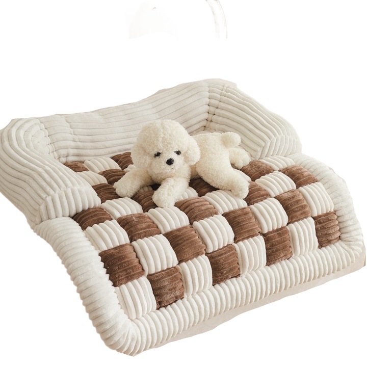 Culcus pentru pisici, bumbac, antiderapant, alb si maro, 90x90cm