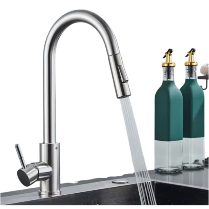 Konyhai csaptelep, kihúzható fúvóka, rozsdamentes acél mosogató csaptelep, 360°-ban elforgatható kifolyó, egykaros, nikkel