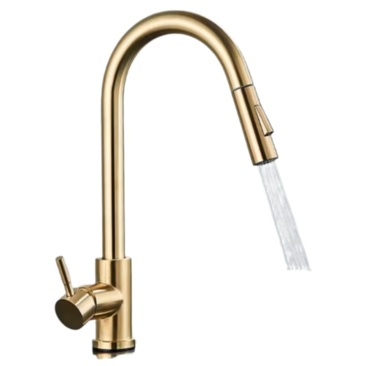 Konyhai csaptelep, kihúzható szórófej, 360°-ban elforgatható kifolyócső, hideg és meleg vizes csaptelep, rozsdamentes acél, szálcsiszolt arany kivitel