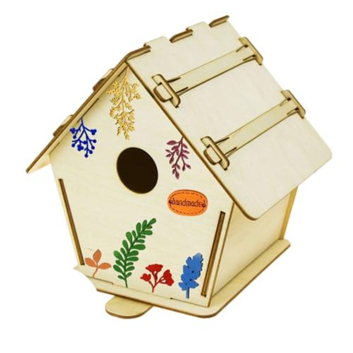 Casuta pentru pasari, PLESZKA, dimensiuni 16x20,5x20,5cm, set cu accesorii de decorare, culoare bej