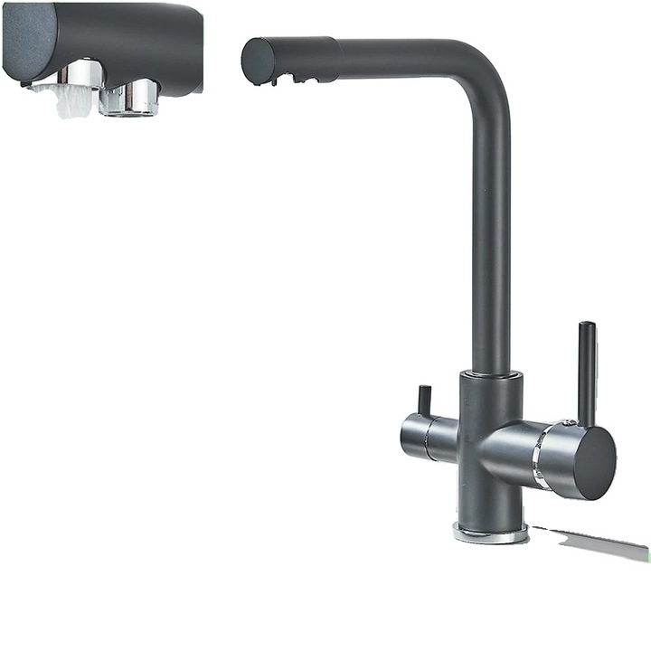 Fürdőszobai csaptelep, 360°-ban forgatható, 2 fogantyúval, fekete króm, különböző méretekben