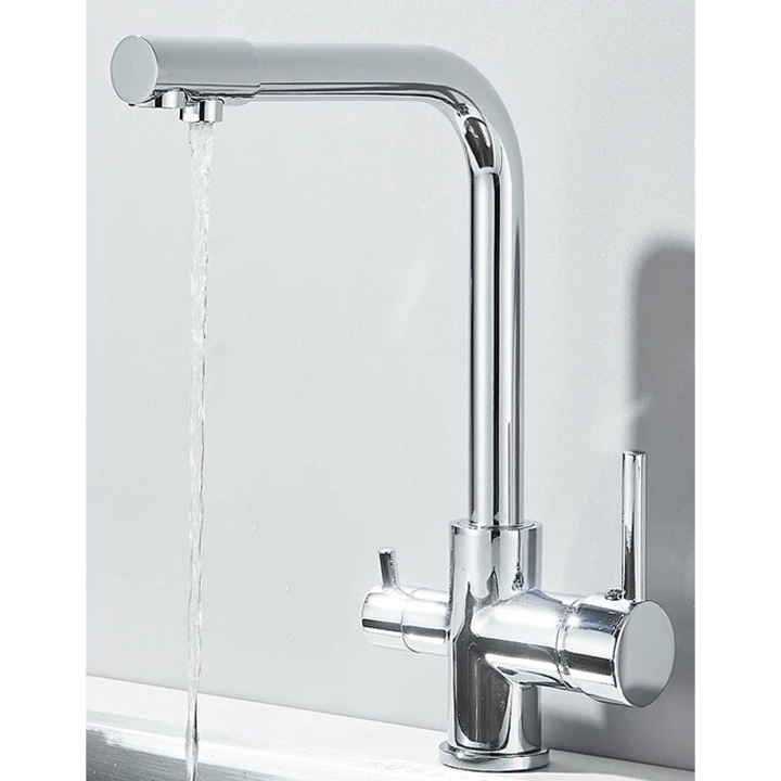 Króm konyhai csaptelep, dupla fogantyús kialakítás, 360 fokos forgatás, hideg és melegvíz funkciók, króm
