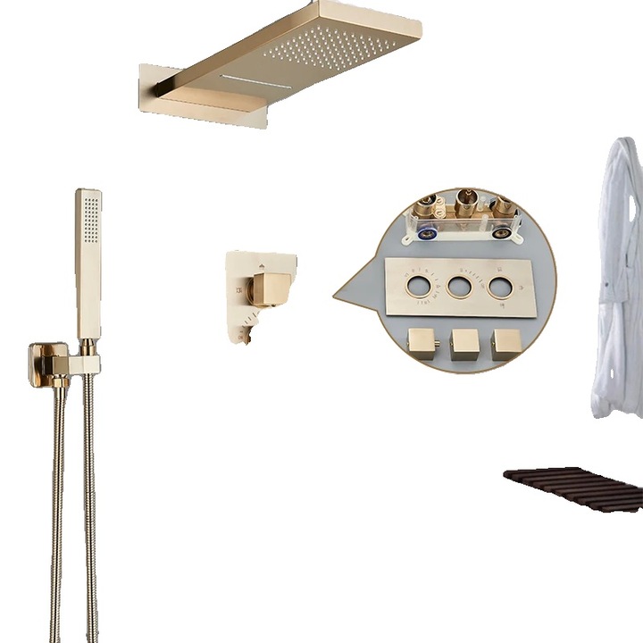 Sistem de dus termostatic, robinet cu control dual, miez de supapa ceramic, finisaj auriu periat, instalare in perete