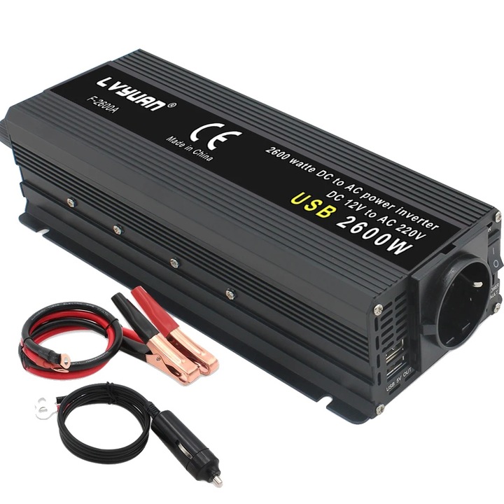 Inverter auto, Lvyuan, 12V, 220V, 2600W, priza EU