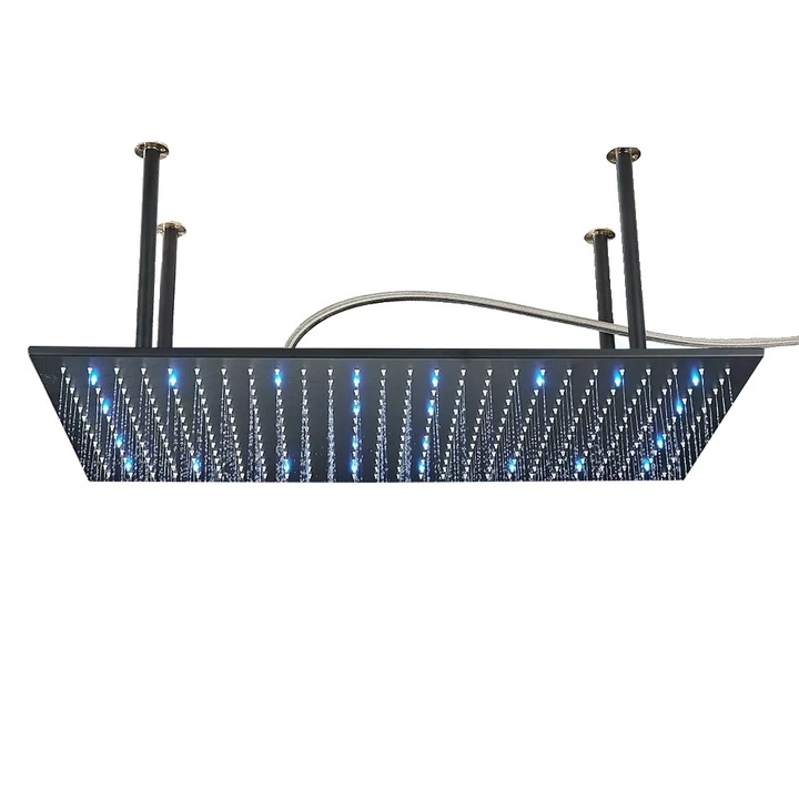 Cap de dus cu efect de ploaie, negru mat, otel inoxidabil, iluminare LED, 40x80 cm