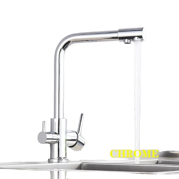 Санитарен смесител, дизайн с две ръкохватки, месинг, функция топла и студена вода, монтаж на плот на мивка, хром