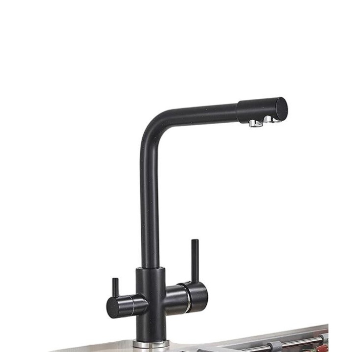 Санитарен смесител, дизайн с две ръкохватки, месинг, функция топла и студена вода, черен, монтаж на плота на мивката