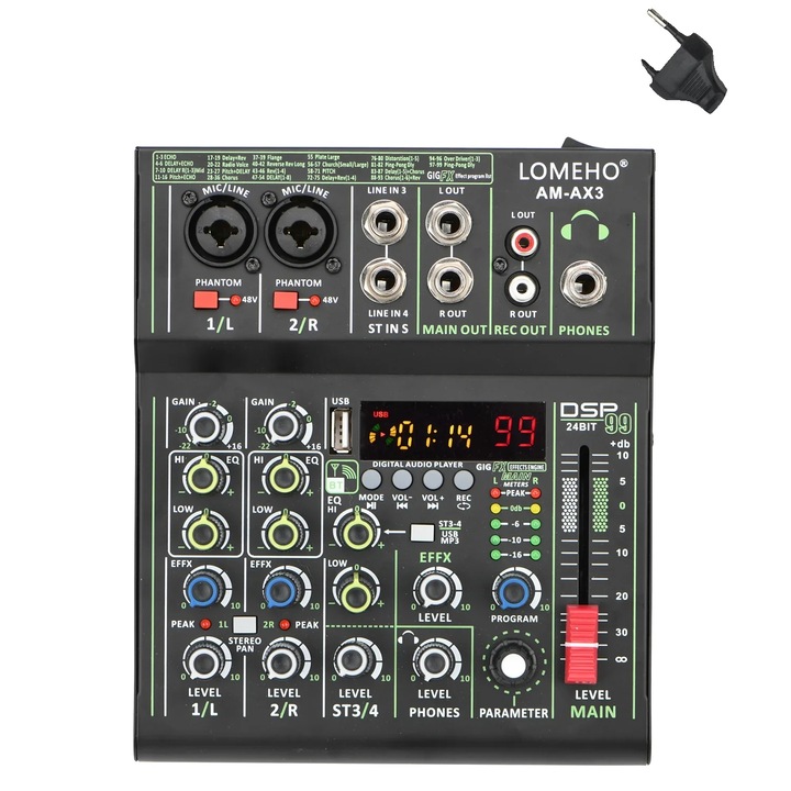 Mixer audio 4 canale, 99 efecte DSP, alimentare USB, dimensiuni compacte, Negru