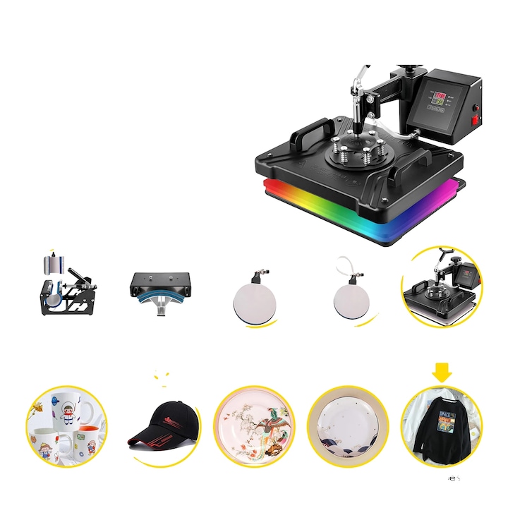 Masina de presare a caldurii 5 in 1,3 functii unice, transfer de caldura multifunctionala, tehnologie de izolare cu dublu strat, control precis al temperaturii, 6 in 1,12 x 15 inci