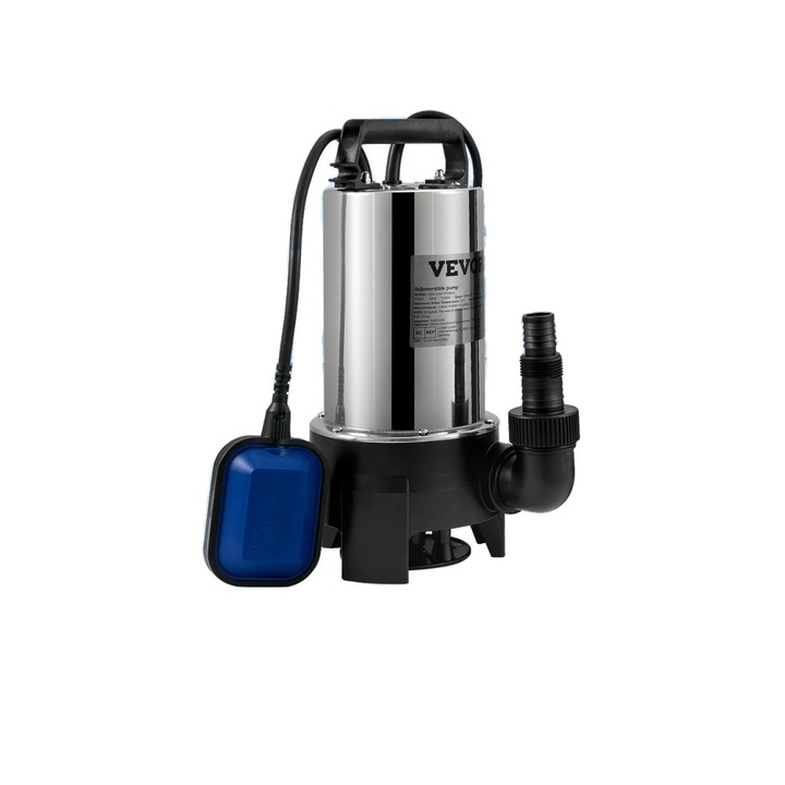 Потопяема помпа за отпадни води, VEVOR, 1100W, плаващ ключ, неръждаема стомана