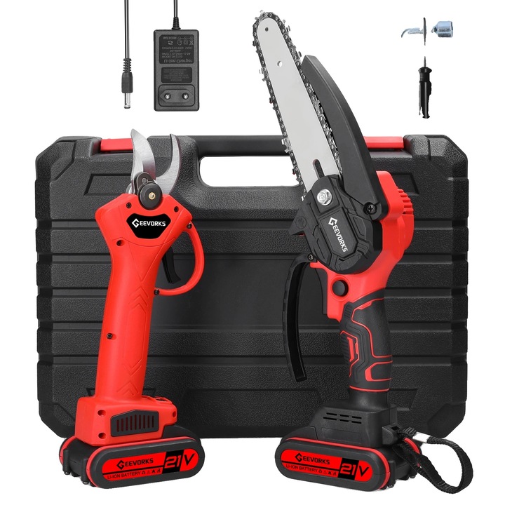 Akkus elektromos fűrész és metszőolló készlet, 21V, 2 akkumulátorral, hordozható