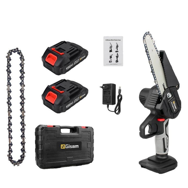 Elektromos láncfűrész, 1500W, 2 akkumulátor, 6 hüvelykes, szürke