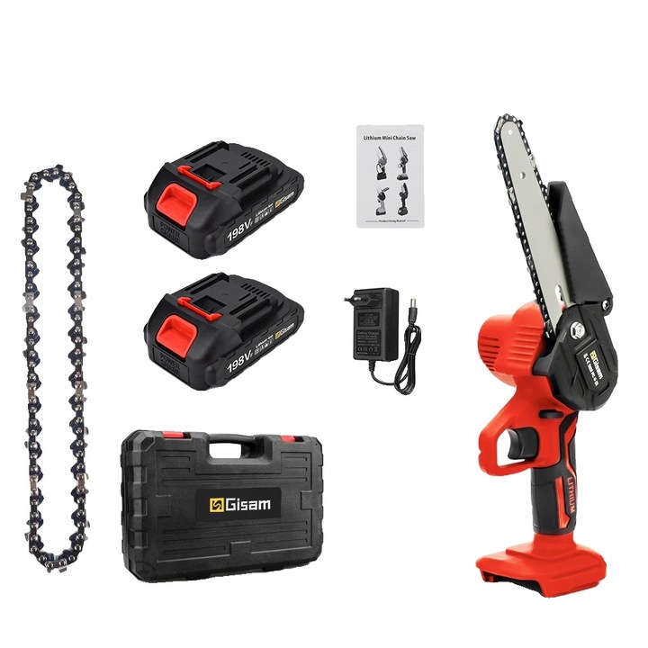 Elektromos láncfűrész, Gisam, 1500W, 2 akkumulátorral, piros, 6 colos