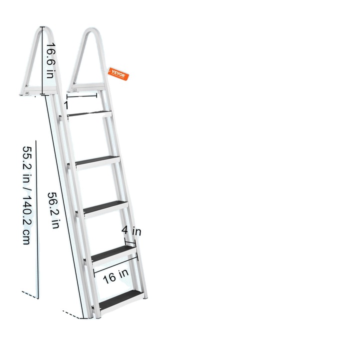 Vevor dokklétra, 5 lépcsős, 350 lbs kapacitású, alumíniumötvözet szerkezet, 562x16x552 hüvelykes, csúszásmentes gumibetétekkel