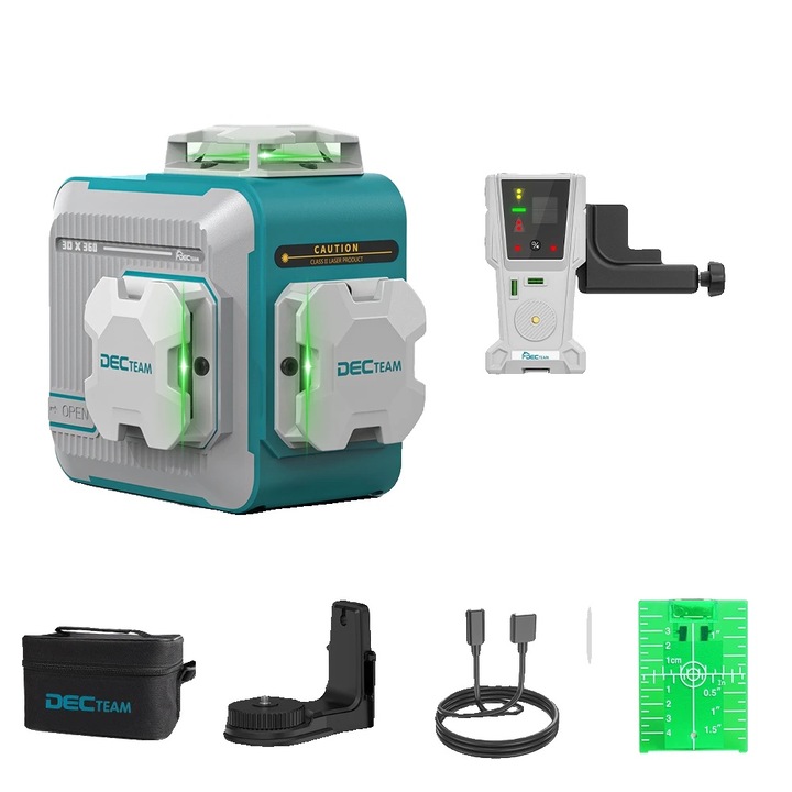 Nivela laser 3D, 12 linii, auto-nivelare, precizie inalta, verde, distanta de lucru 25m, 40m-80m cu detector laser, set complet.