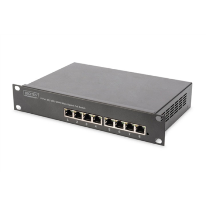 Switch, Digitus, 8 Porturi RJ45, Gigabit Eternet, Neadministrat, 80 W, 314 x 60 x 237 mm, Negru