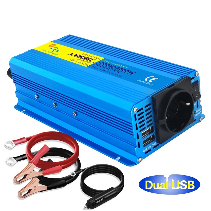 Inverter auto 1000W, 2000W varf, unda sinusoidala pura, 240x112x60mm