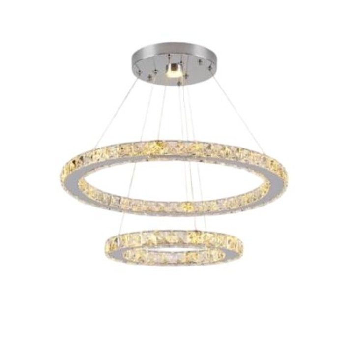 LED полилей, модерен кристален дизайн, 2 ринга D50xD30cm, цвят хром, сменяема светлина